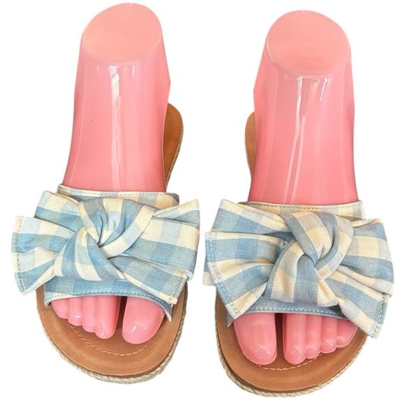 Soda Slide Sandals Blue & Cream Gingham Plaid Bows Size 5.5 Flats - Picture 3 of 7